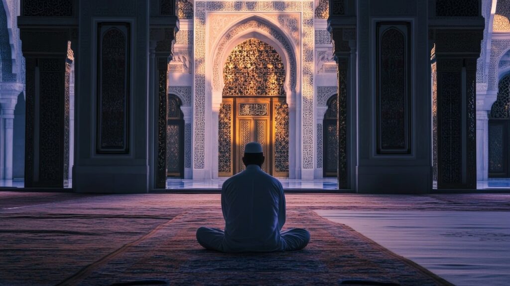 Photo d'une personne assise en méditation ou en prière sur un tapis dans une mosquée aux arches ornées, avec un portail doré illuminé et des motifs islamiques détaillés sur les murs, dans une ambiance sereine au crépuscule.