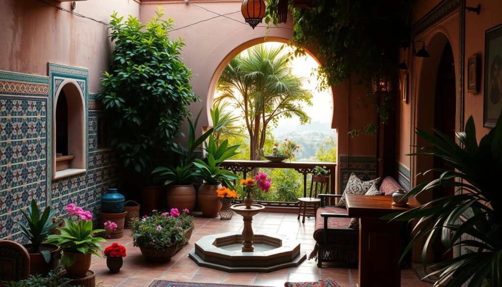 Cour intérieure marocaine traditionnelle avec une fontaine centrale, entourée de plantes en pot colorées, de carreaux bleus ornés, et d'un coin salon avec tapis et coussins, offrant une vue sur un paysage verdoyant, capturant l'essence d'un séjour chez l'habitant au Maroc.