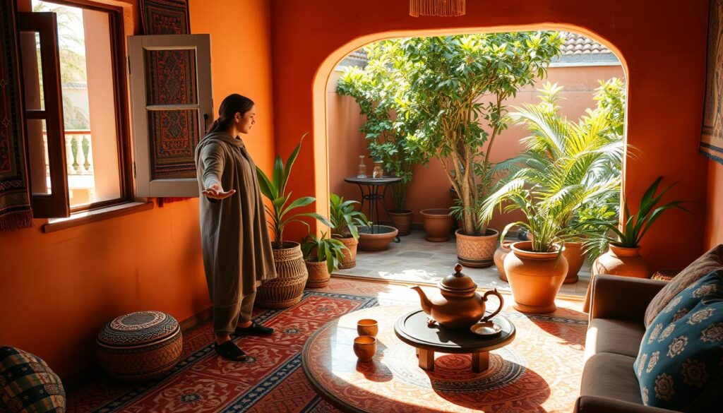 Femme dans un salon marocain traditionnel aux murs orange, entouré de plantes en pot et de tapis colorés, avec une théière sur une table basse, ouvrant sur une cour intérieure verdoyante, illustrant l'ambiance chaleureuse d'un séjour chez l'habitant au Maroc