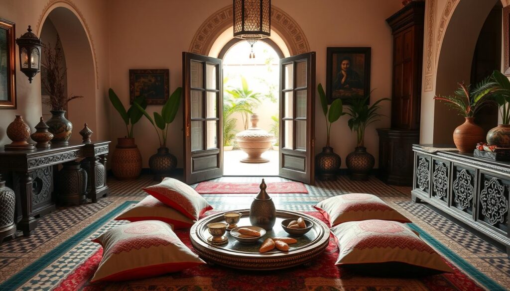 Intérieur marocain traditionnel avec un salon au sol recouvert de tapis colorés et de coussins brodés, une table basse ornée d'une théière et de pâtisseries, entourée de meubles sculptés et de plantes en pot, avec une porte ouverte donnant sur une cour verdoyante, reflétant l'hospitalité d'un séjour chez l'habitant au Maroc