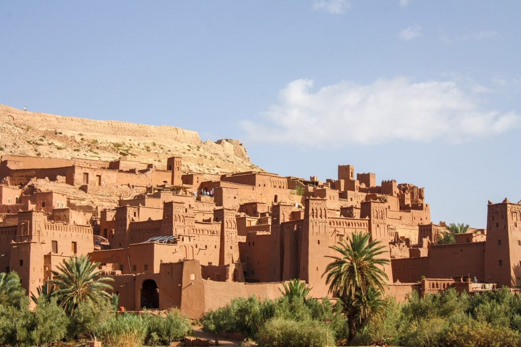 Cette image dépeint une vue panoramique de Taroudant, surnommée la "petite Marrakech", au Maroc. Elle met en avant une impressionnante étendue de bâtiments en pisé ocre.