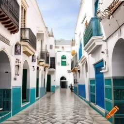 Une rue pittoresque de la médina de Tétouan Maroc, avec des maisons blanches aux balcons en fer forgé ornés de touches de bleu et vert,