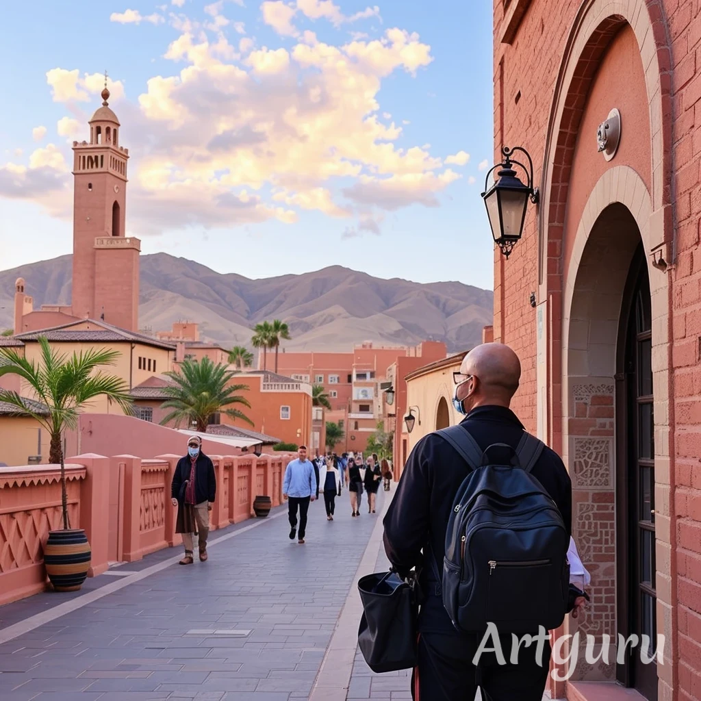 Une rue animée au Maroc. Des passants portent des masques, et un homme avec un sac à dos noir marche. Sécurité au Maroc est assurée dans cette scène.
