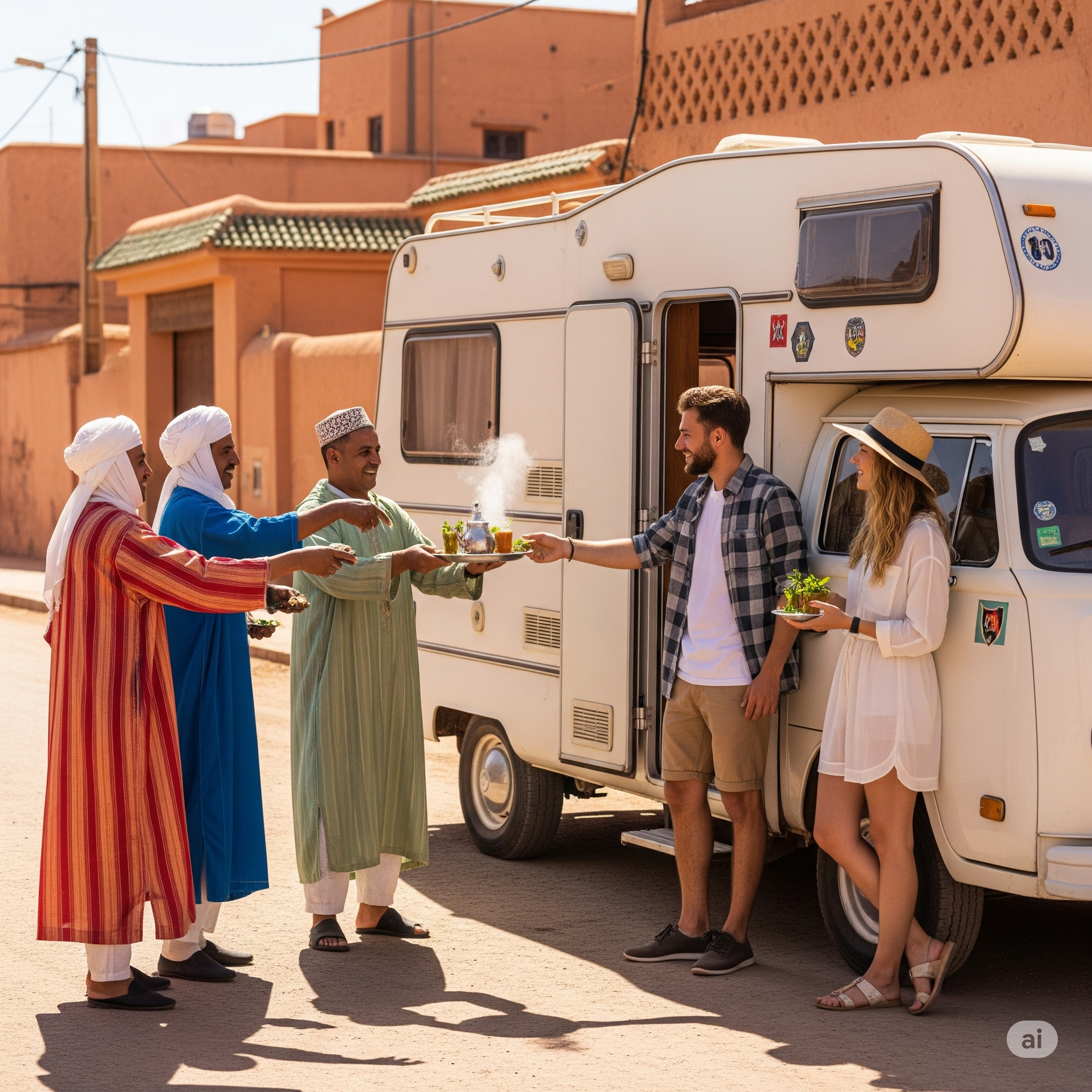 Cette image illustre parfaitement un moment d’hospitalité locale, idéal pour un Guide Camping-Car au Maroc, mettant en avant les rencontres authentiques lors d’un voyage en camping-car.