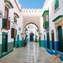 Une rue étroite et pittoresque de la médina de Tétouan Maroc, bordée de maisons blanches aux balcons en bois vert et aux arches élégantes.