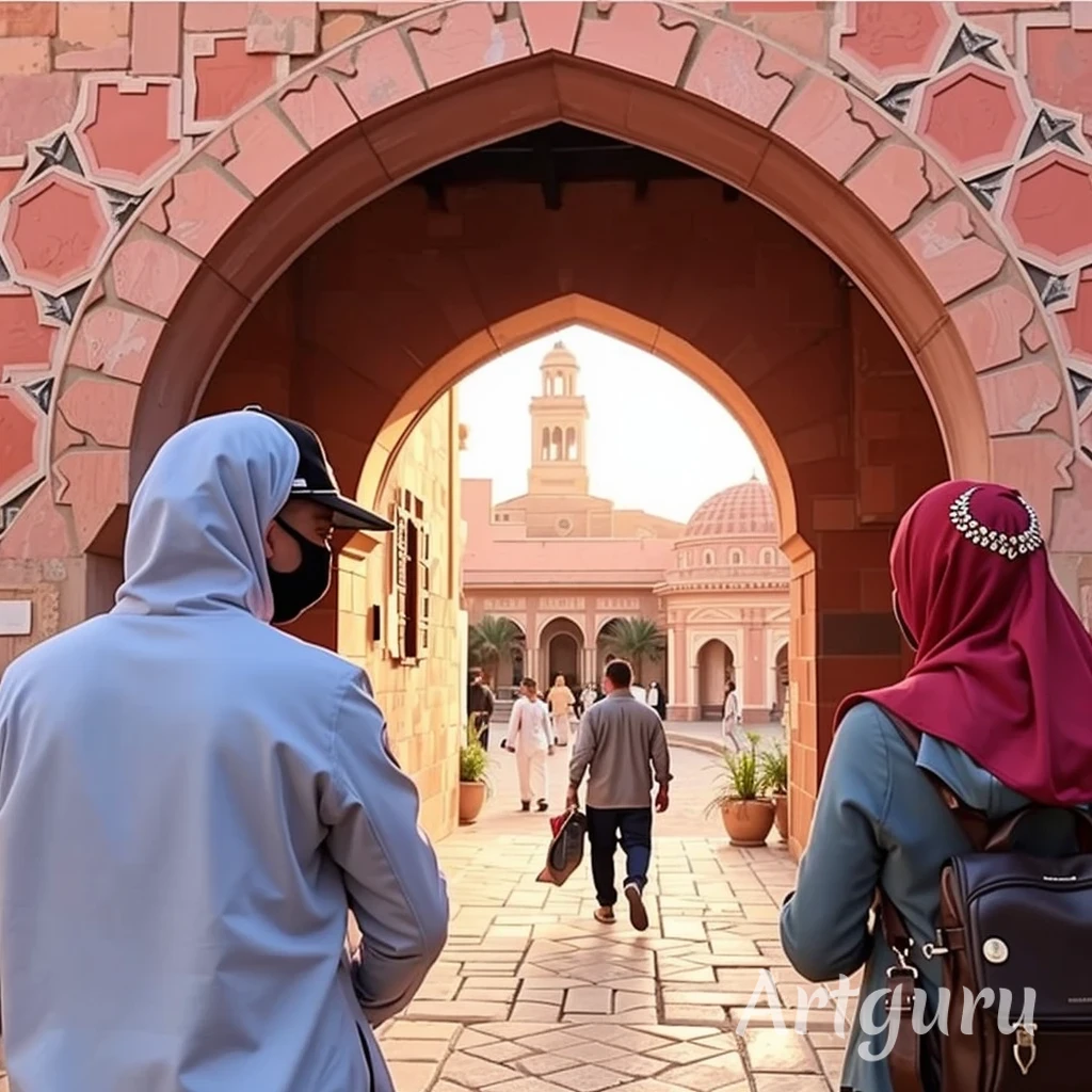 Une vue sous une arche ornée au Maroc, où des passants portent des masques et des sacs à dos. Sécurité au Maroc est renforcée dans cette ambiance paisible