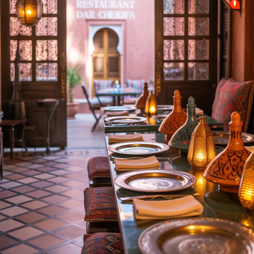 Une table élégamment dressée dans un restaurant traditionnel de Marrakech 2025