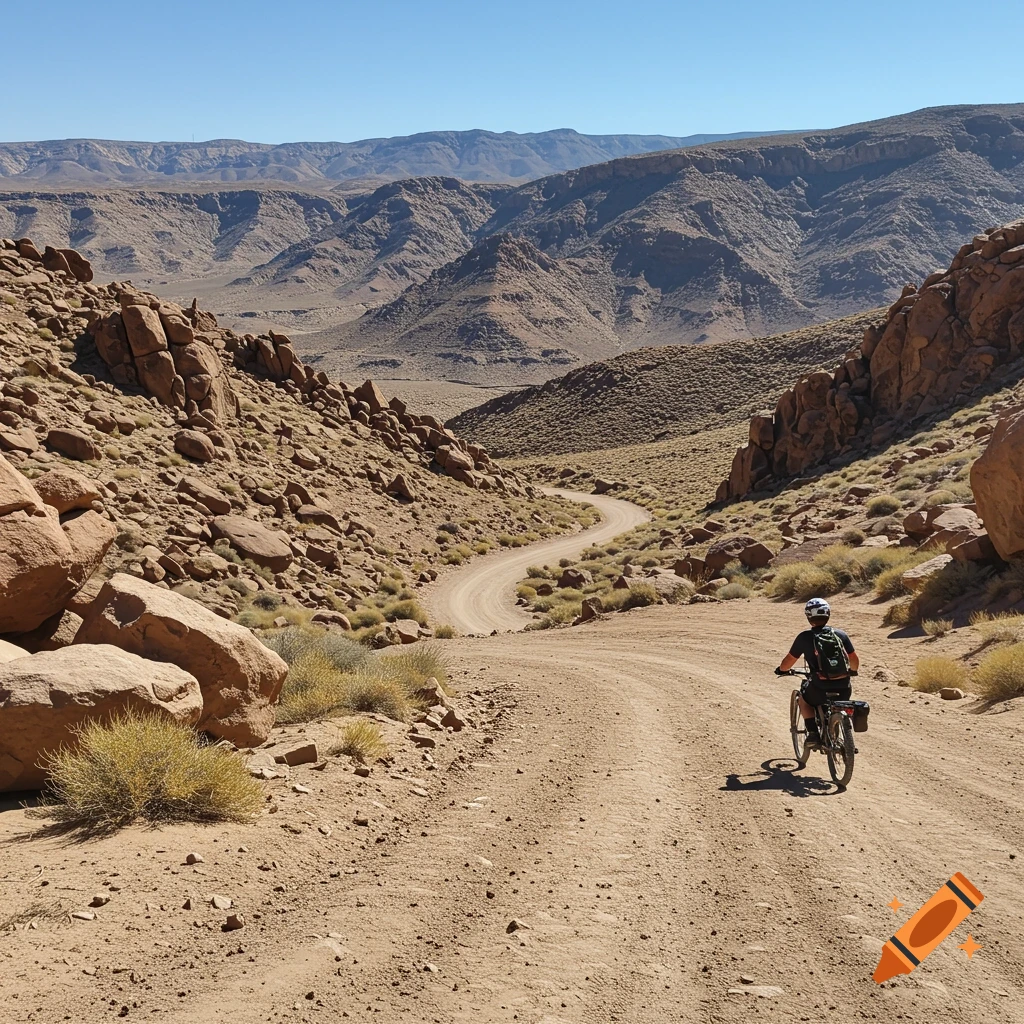 L'image présente un cycliste pédalant sur une route poussiéreuse serpentant à travers un paysage aride et rocailleux. Cette image capture l'essence d'une aventure au Maroc à vélo.