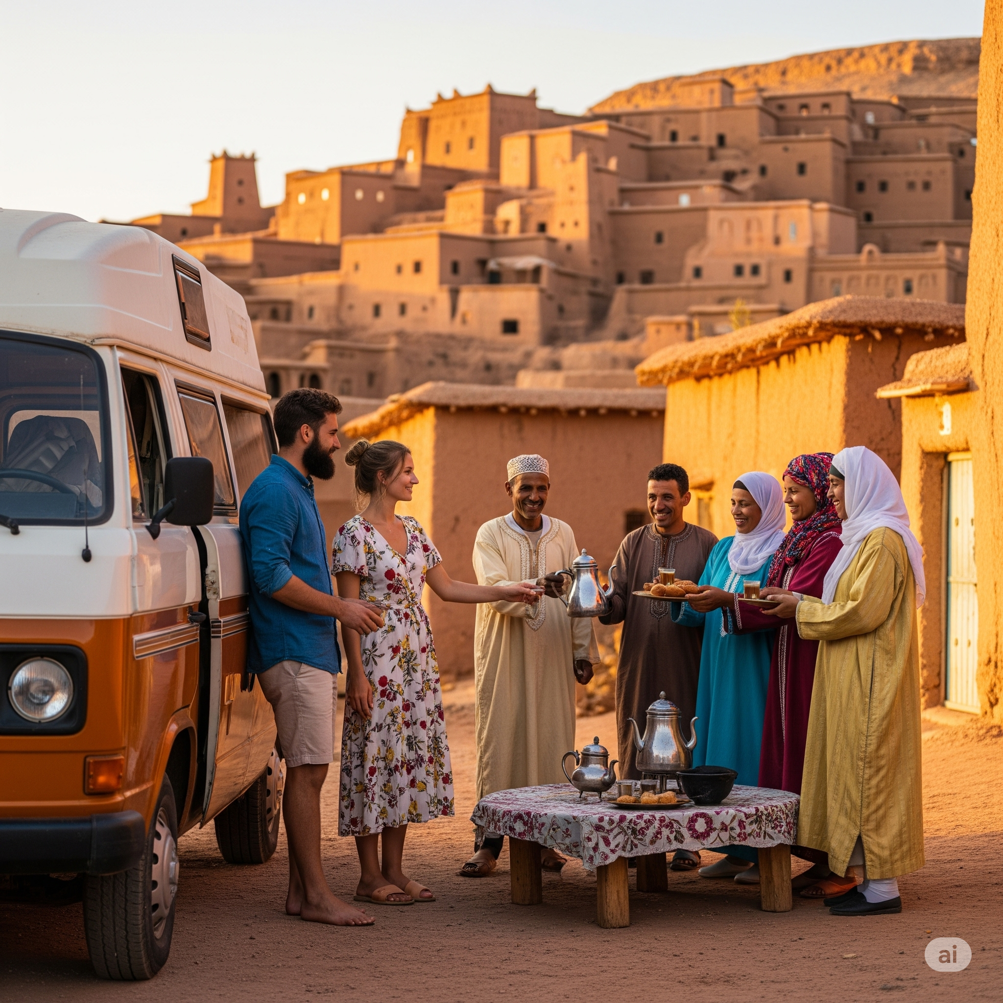 Dans l'esprit du « Guide Camping-Car : Découvrir le Maroc vrai », une scène chaleureuse se déploie dans un village marocain, où habitants et voyageurs échangent sourires et gestes d’hospitalité