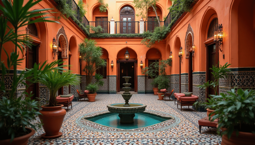 Cour intérieure élégante d'un Riad marocain avec des arches orangées et une fontaine centrale. Une expérience d’Hébergement Authentique Maroc : Riads, Kasbahs & Bivouacs Écologiques.