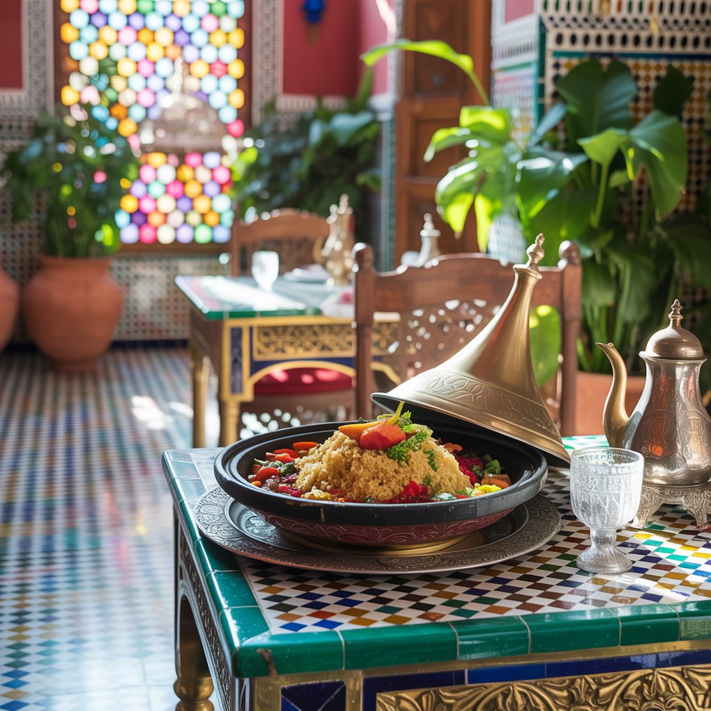 Une table élégante dans un restaurant traditionnel de Marrakech 2025, ornée de carreaux colorés et d'un tajine fumant rempli de couscous