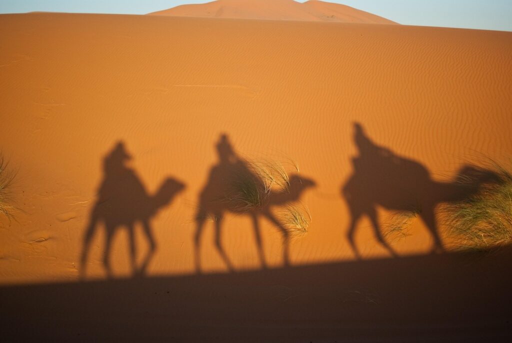 Ombres de voyageurs à dos de dromadaire dans les dunes du désert marocain au coucher du soleil – Guide de Voyage au Maroc pour une immersion saharienne authentique.