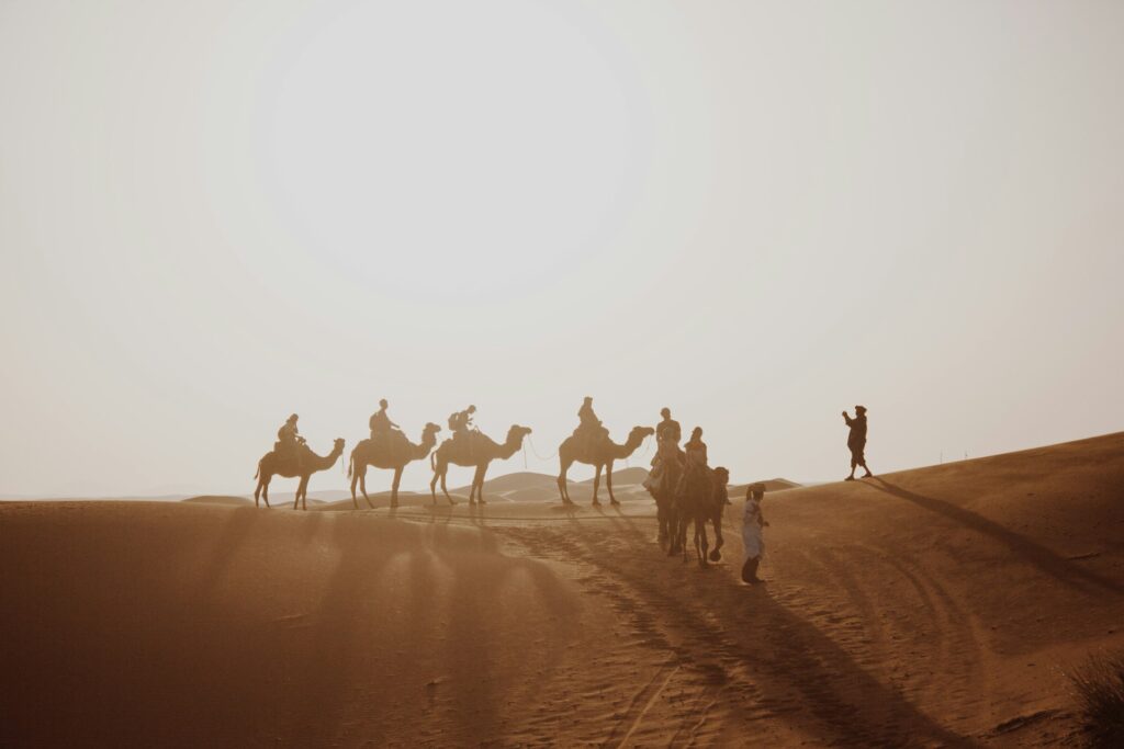 Caravane de dromadaires transportant des voyageurs dans les dunes symbolisant un Guide de Voyage au Maroc pour une aventure saharienne inoubliable.