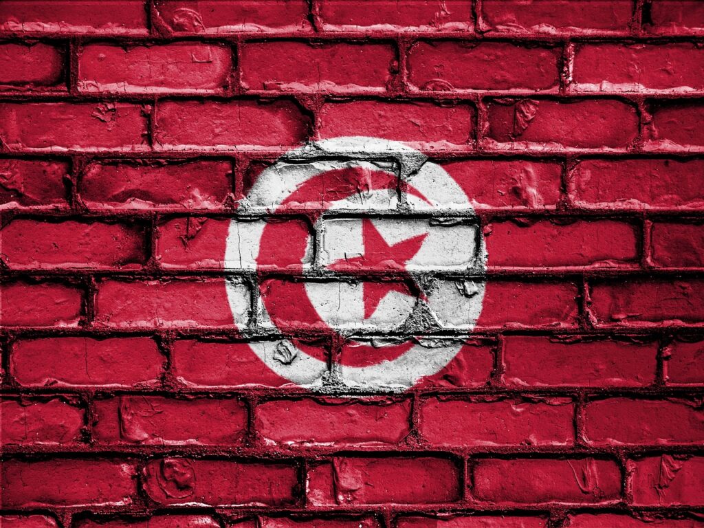 L'image présente un mur de briques rouges. Au centre, un dessin du drapeau Tunisien est peint. Cela évoque la comparaison Maroc ou Tunisie