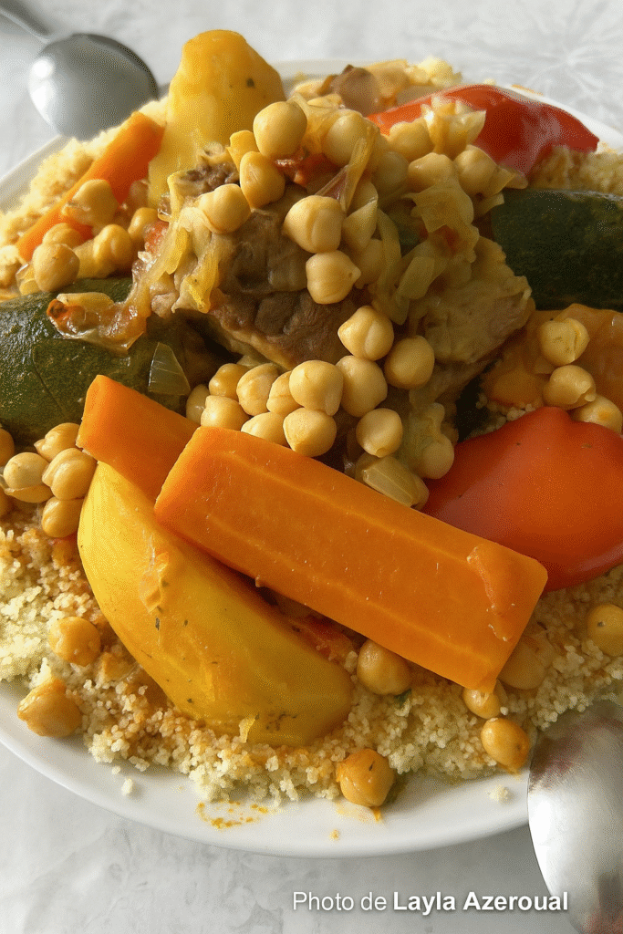 Assiette de couscous ,symbole de la cuisine Marocaine, garnie de légumes colorés servie avec de la viande