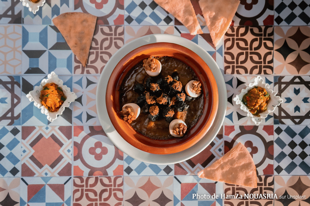 Plat marocain de tajine aux pruneaux, symbole de la cuisine Marocaine, accompagné de pain traditionnel et de salade marocaine.