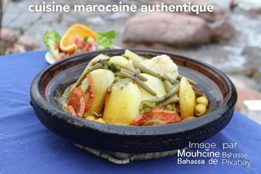 Un tagine marocain en terre cuite, comprenant des pommes de terre, des haricots verts, des tomates rouges et des pois chiches, symbole de la cuisine marocaine authentique