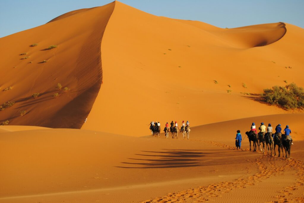 Caravane de voyageurs traversant les dunes dorées du Sahara, une scène emblématique que l’on peut vivre lors d’un voyage au Maroc 2026.